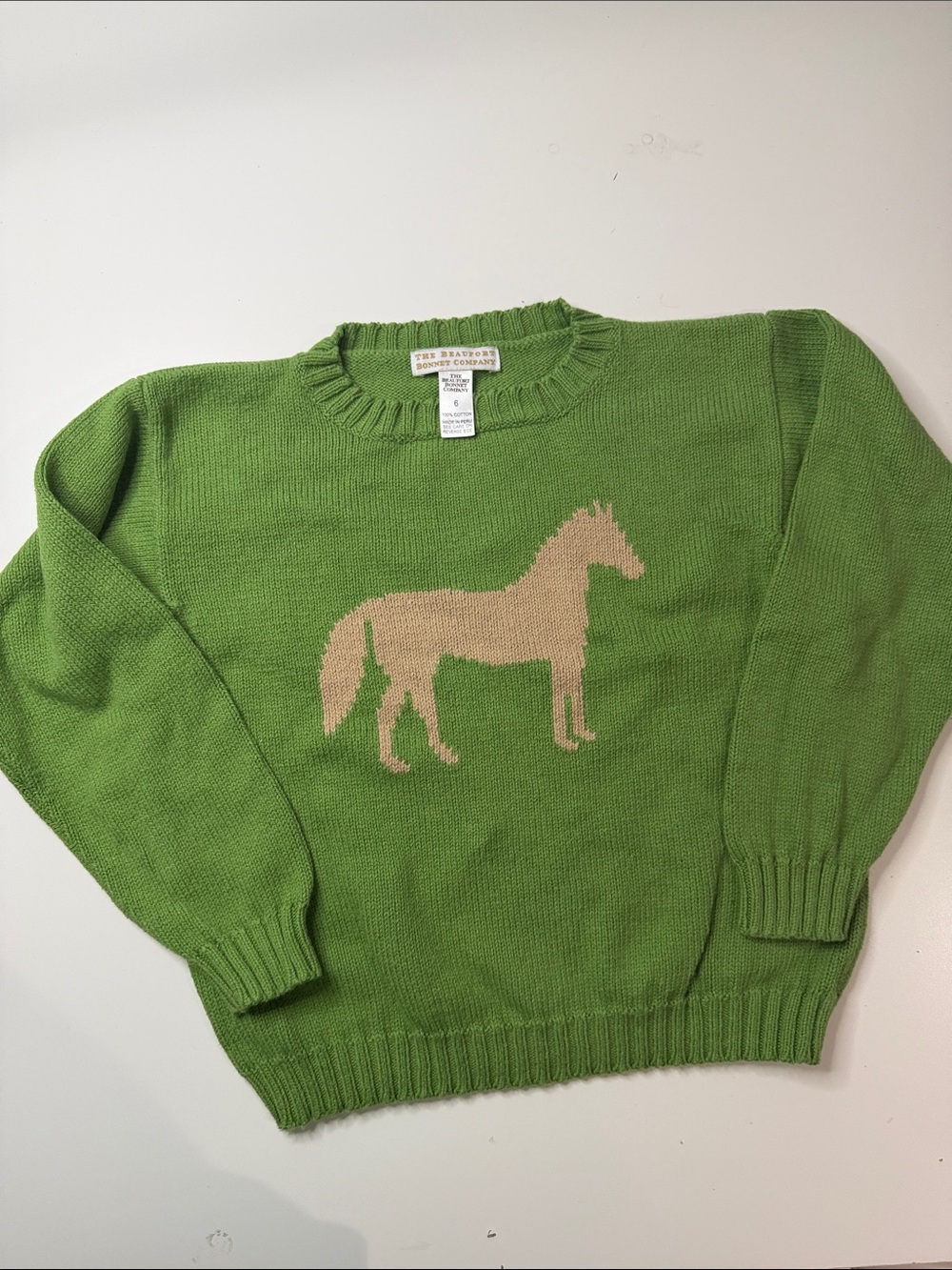 The Beaufort Bonnet Company Green Crewneck Sweater with Tan Horse